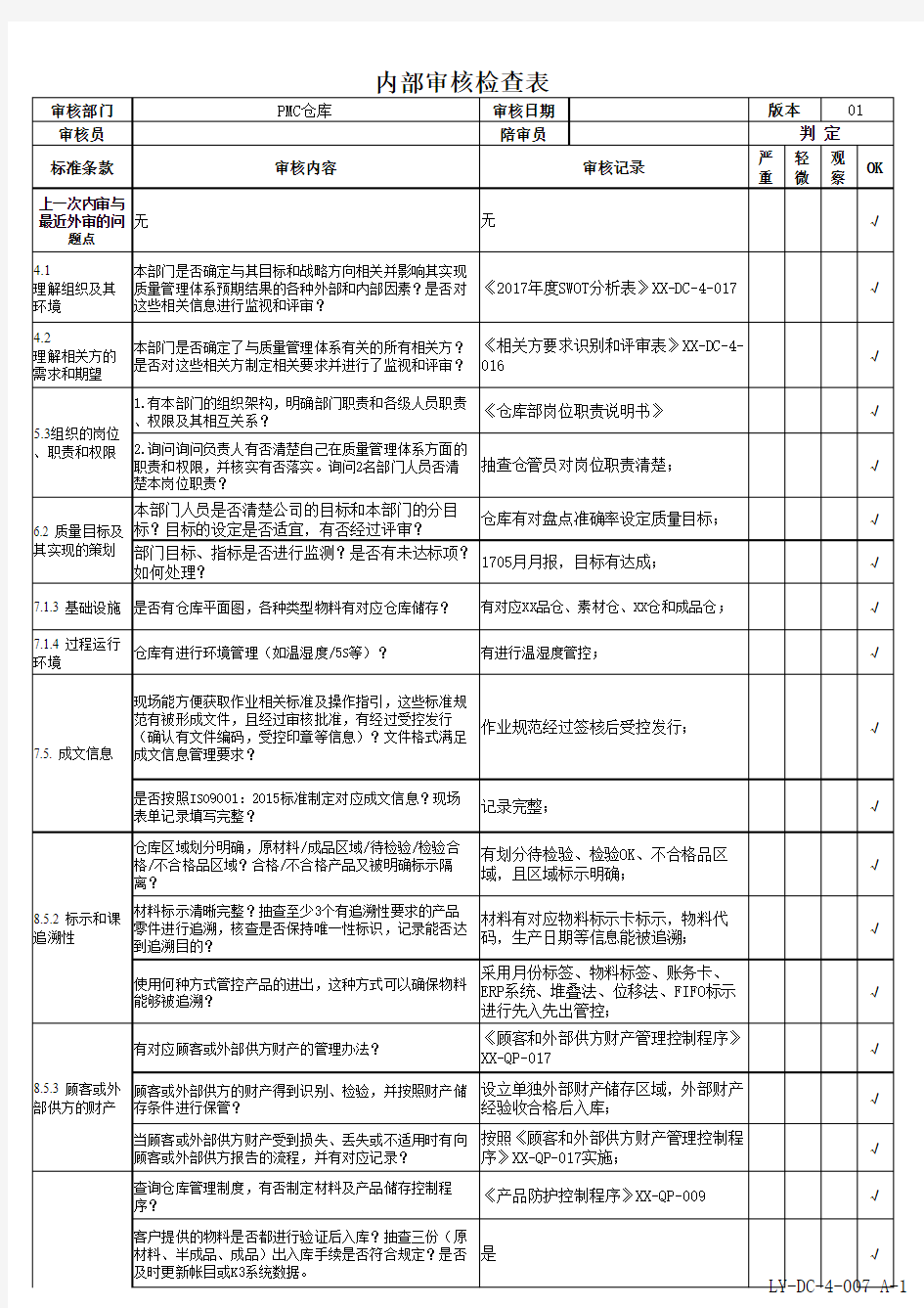 内部审核检查表-ISO19001-2015(仓库)