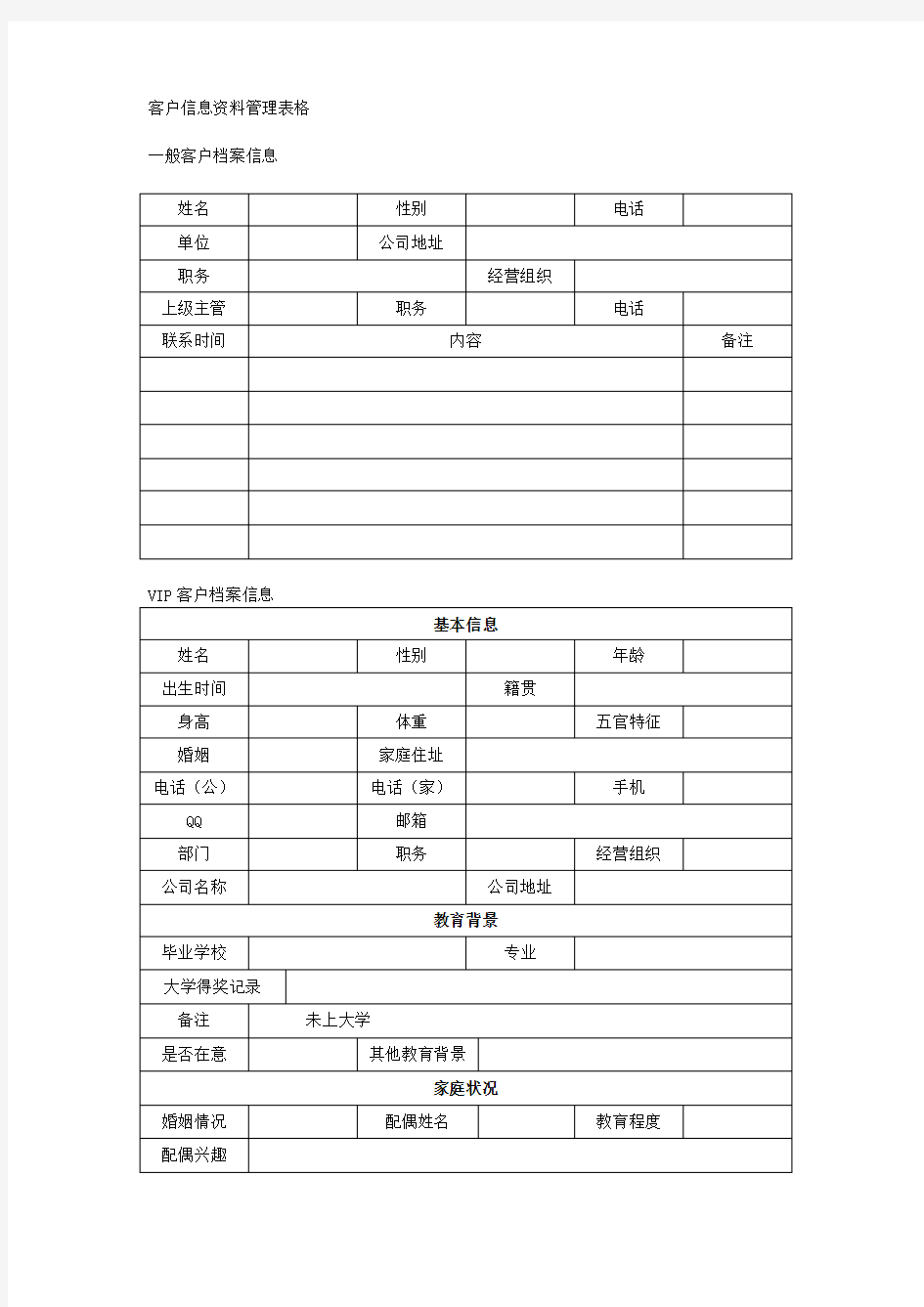 客户信息资料管理表格