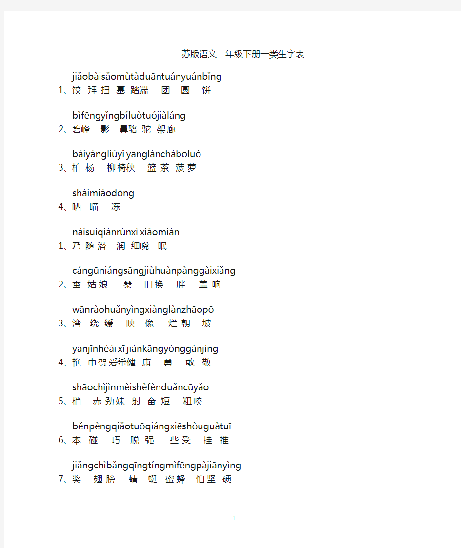 苏教版小学二年级语文下册一类生字表(有拼音)2014218