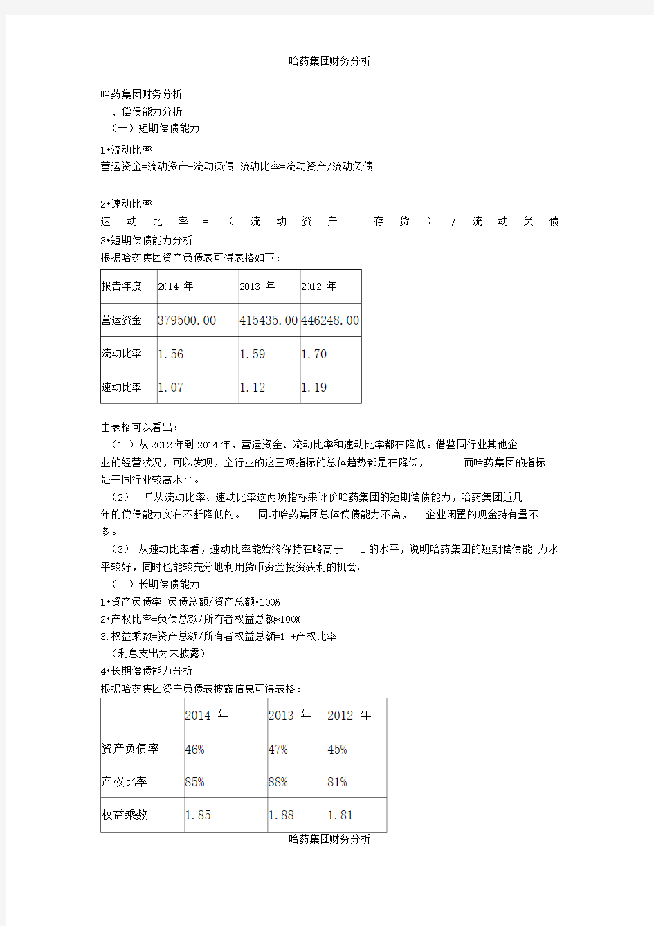 哈药集团财务分析