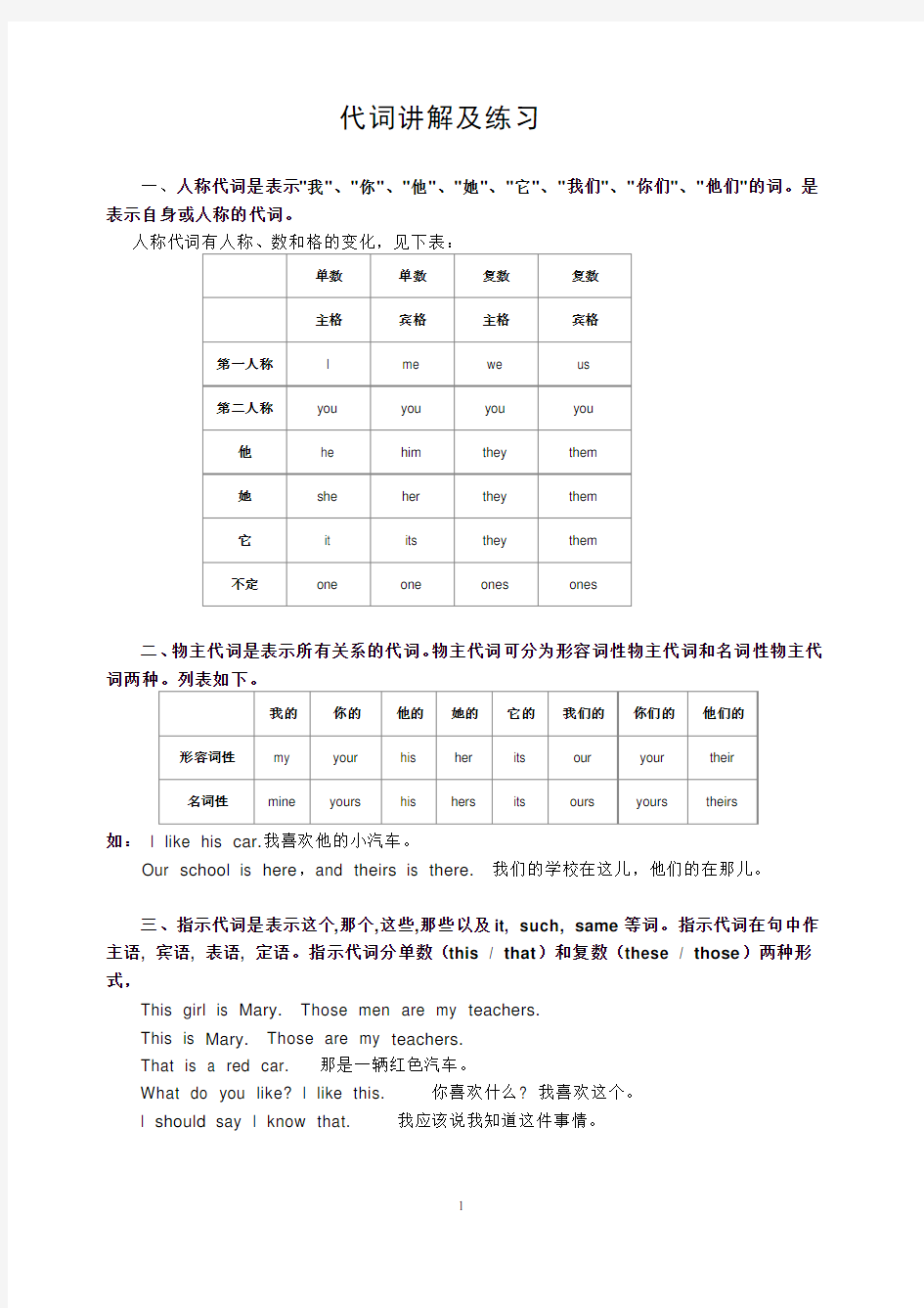 (完整版)小学英语代词的用法、例句及练习