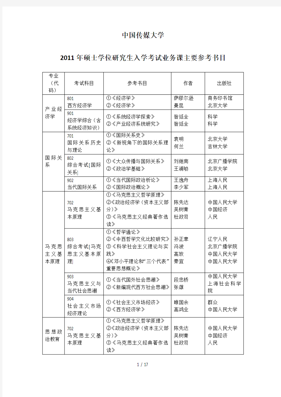 中国传媒大学考研参考书