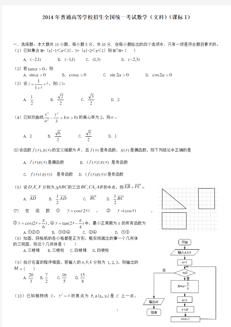 2014年高考文科数学真题全国卷1