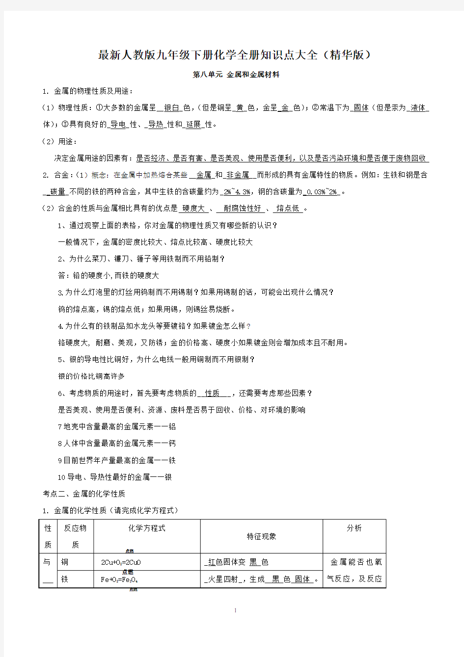 最新人教版九年级下册化学全册知识点大全(精华版)