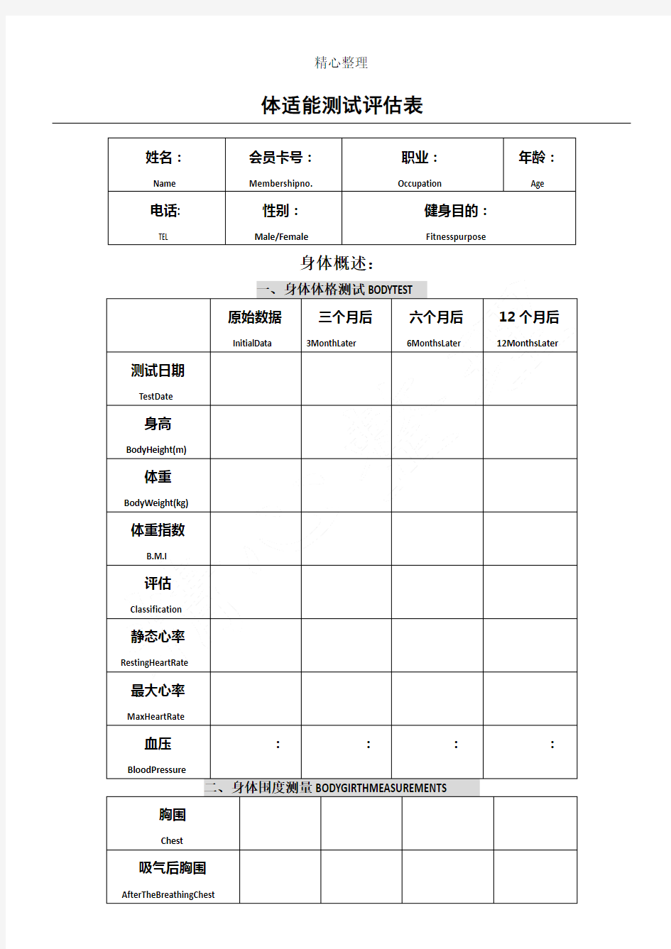 体适能测试评估表格模板