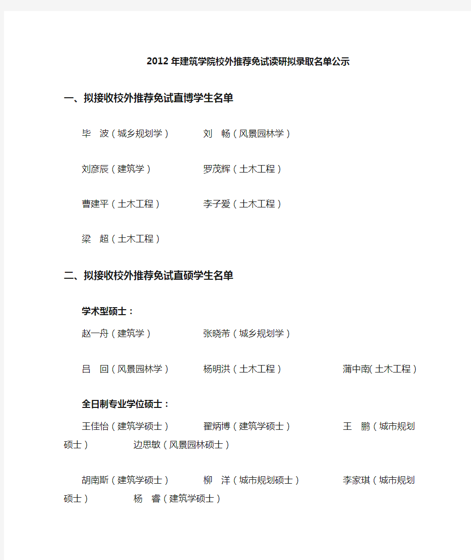 清华大学建筑学院2012年校外推荐免试读研拟录取学生名单公示