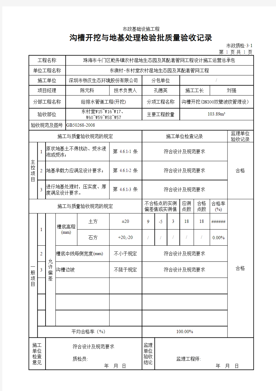 3.1沟槽开挖与地基处理检验批质量验收记录