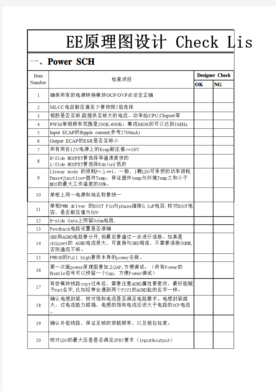 CHECKLIST- EE原理图设计检查