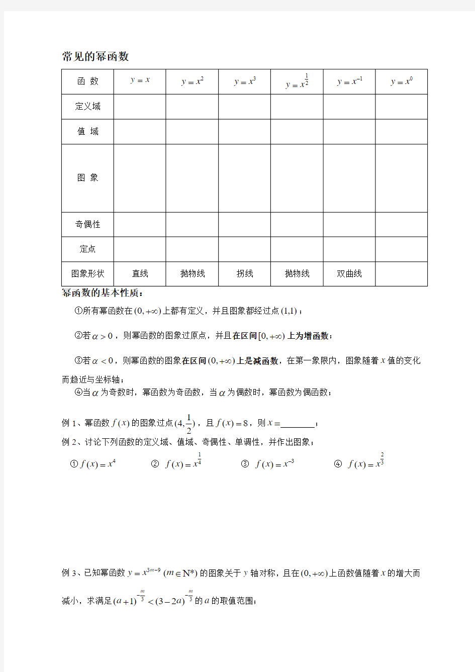 高一数学幂函数的性质经典总结及练习