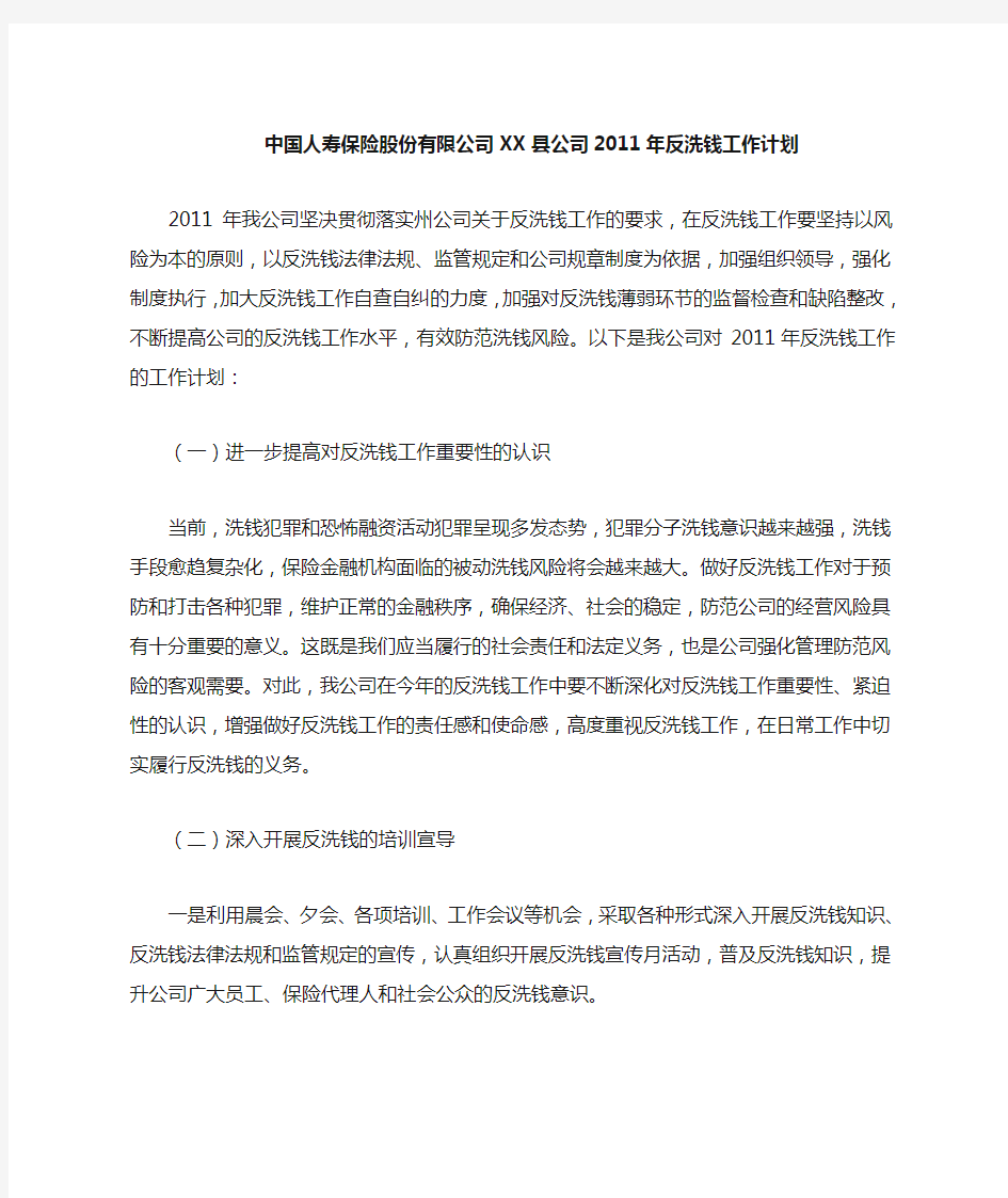 保险公司反洗钱工作计划