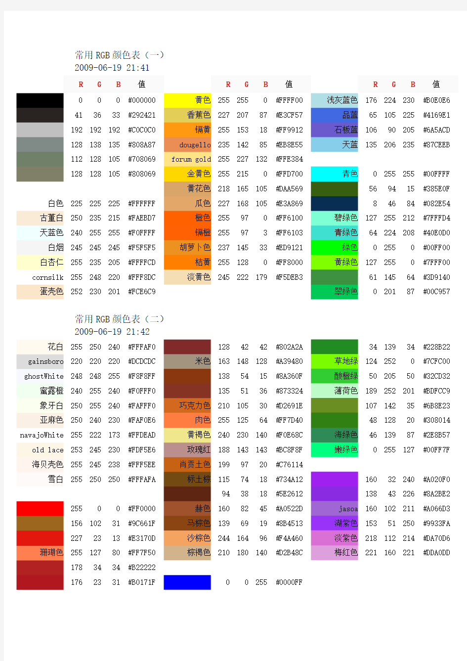 常用RGB颜色表