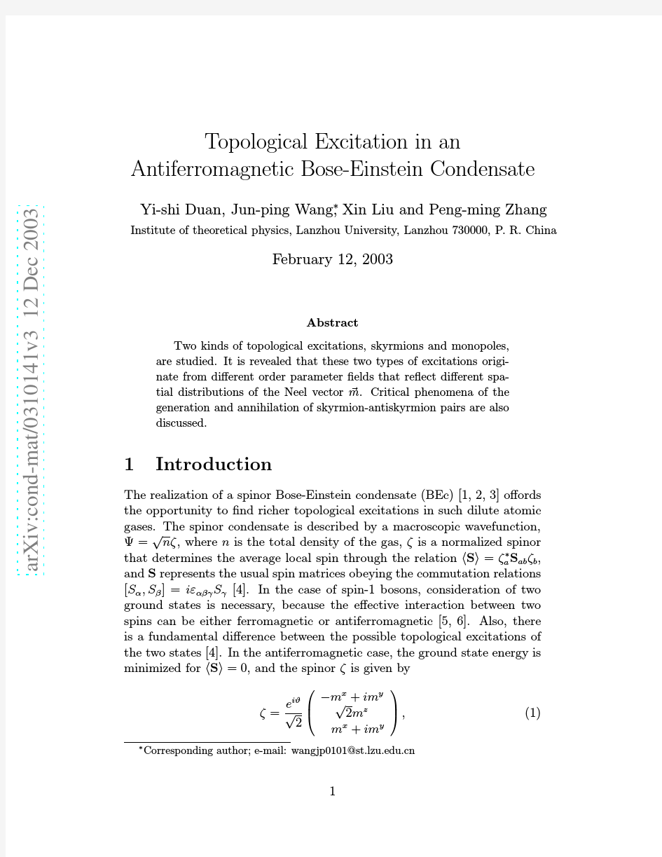 Topological Excitation in an Antiferromagnetic Bose-Einstein Condensate