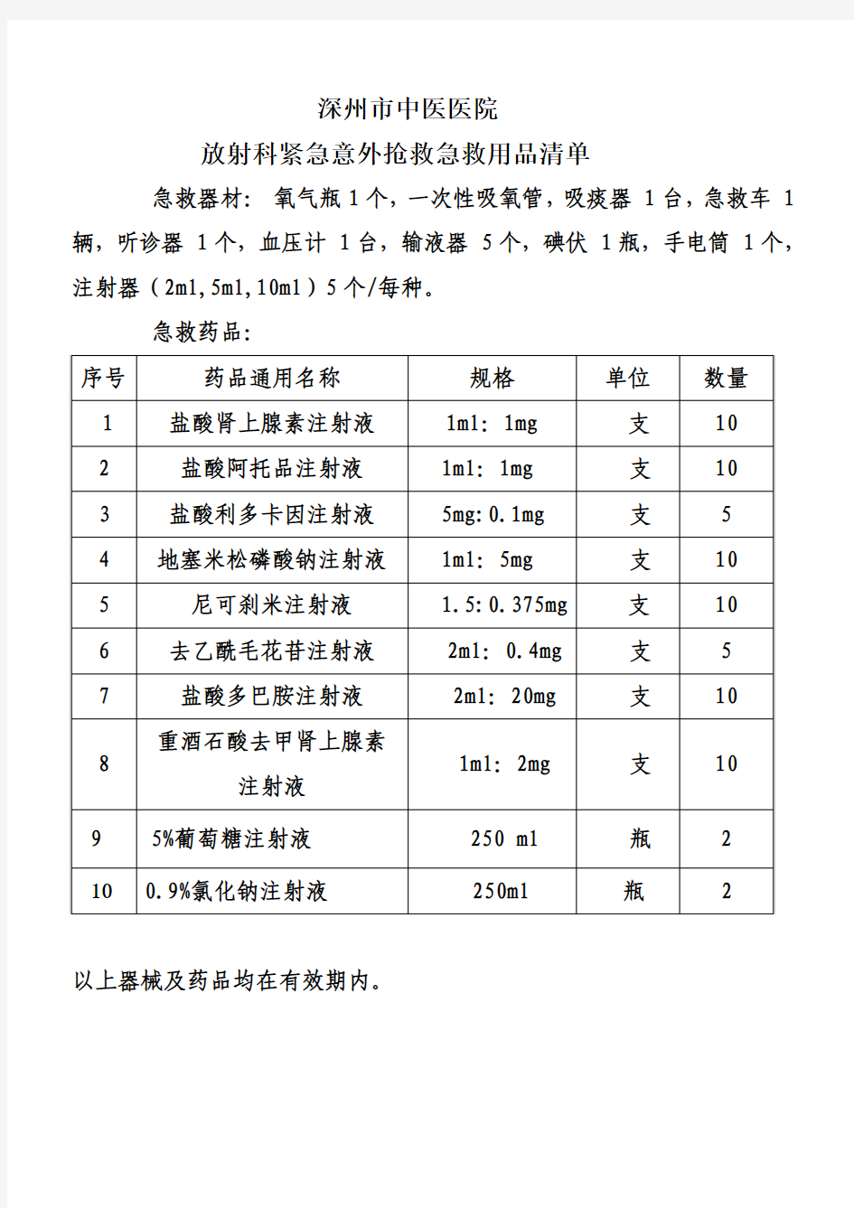 放射科紧急意外抢救药品器材