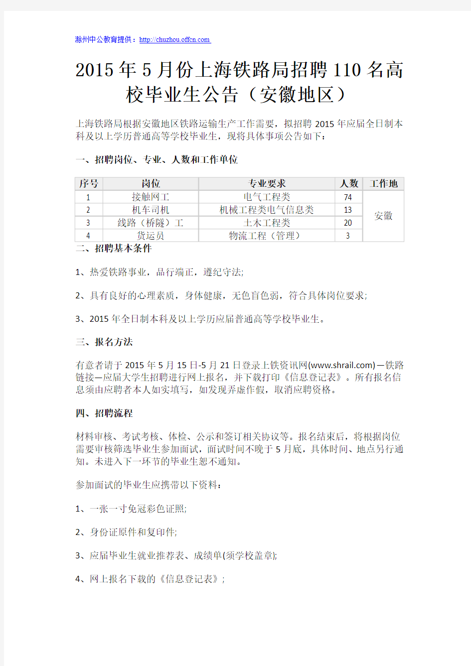 2015年5月份上海铁路局招聘110名高校毕业生公告(安徽地区)