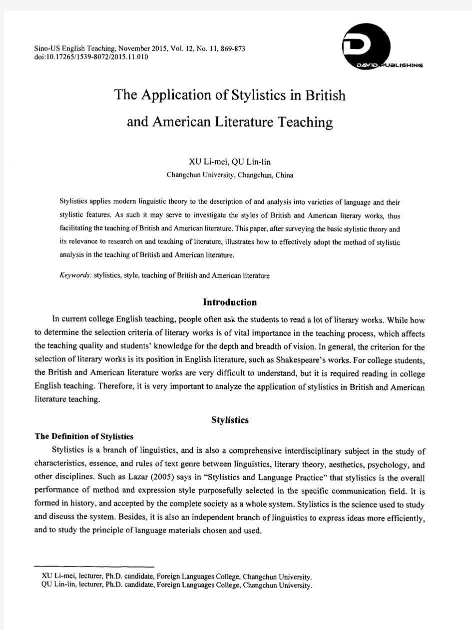 The Application of Stylistics in British and American Literature Teaching