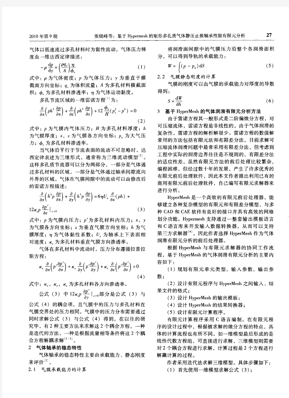 基于Hypermesh的矩形多孔质气体静压止推轴承性能有限元分析