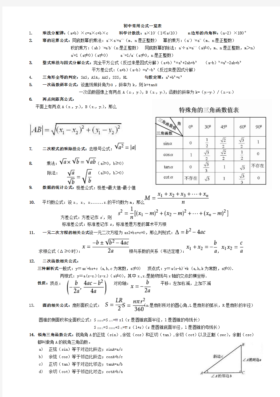 初中常用数学公式一览表