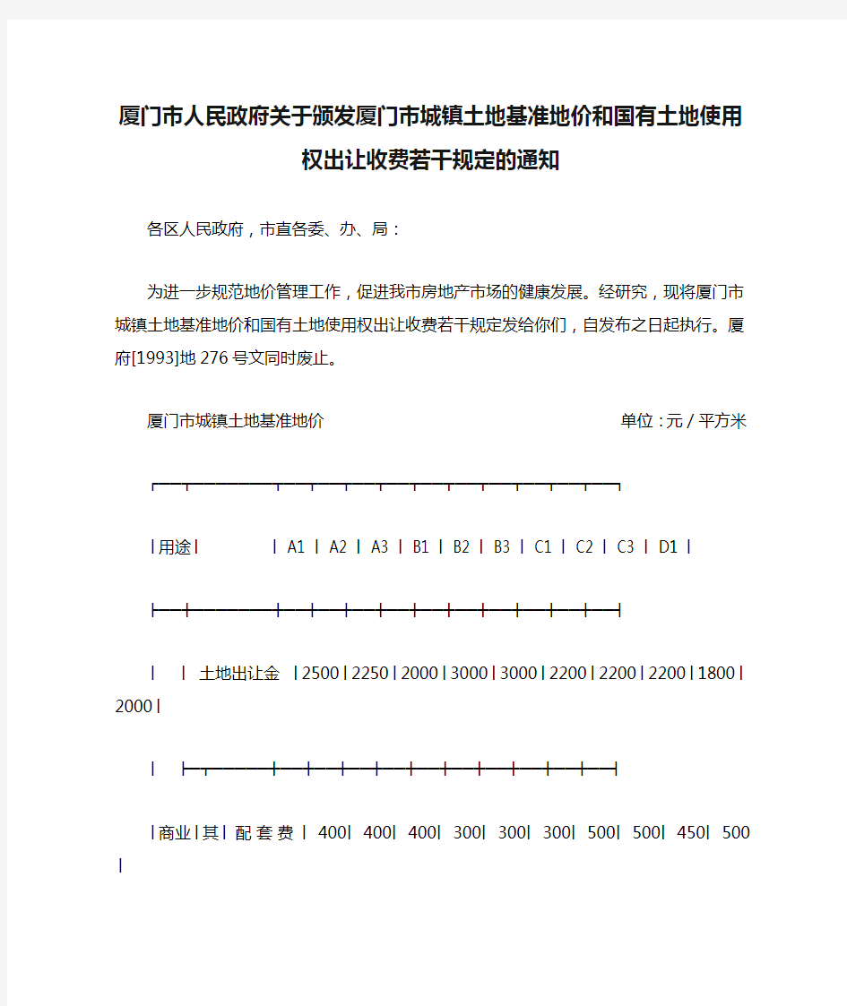 厦门市人民政府关于颁发厦门市城镇土地基准地价和国有土地使用权出让收费若干规定的通知