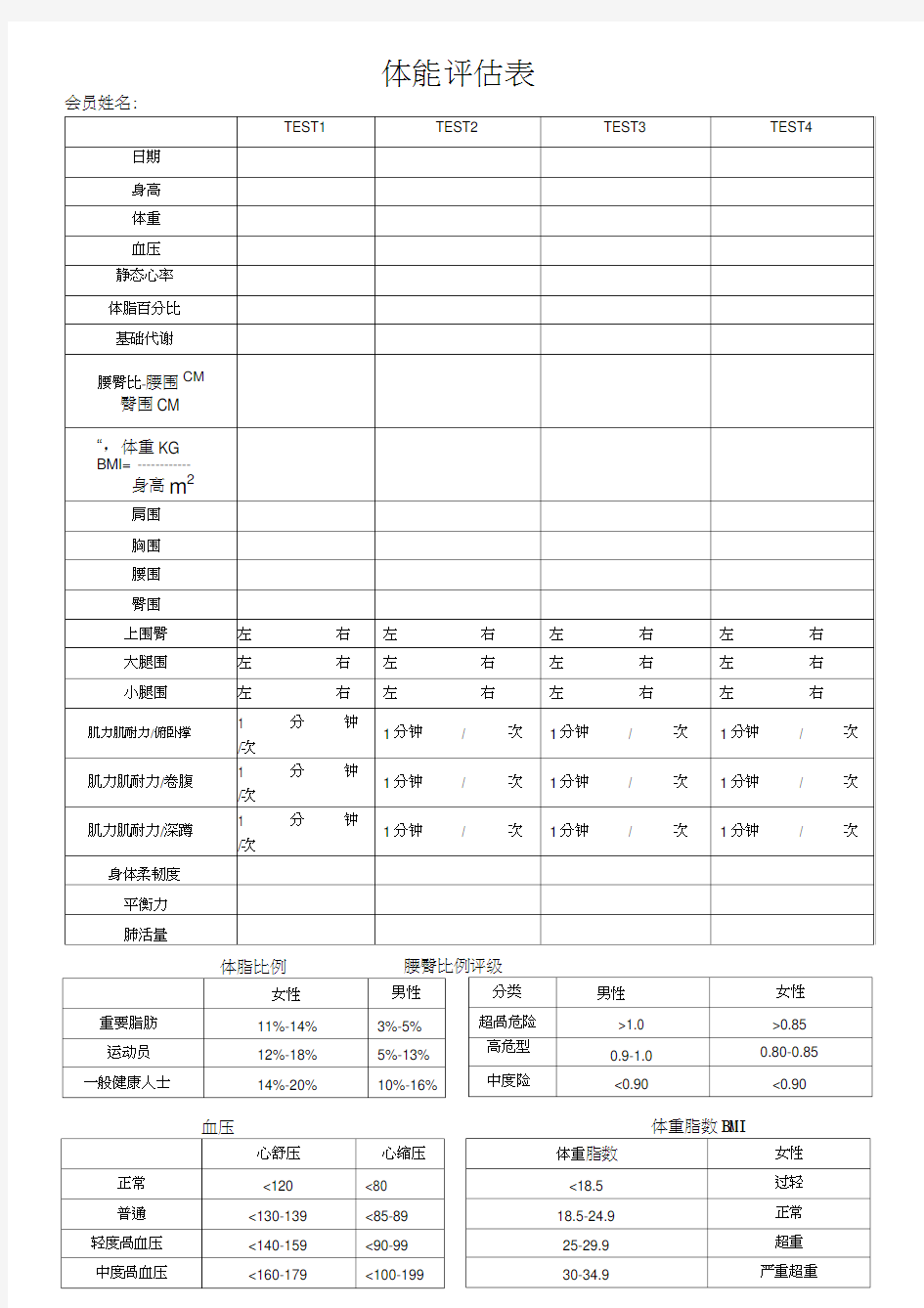 健身房体能评估表