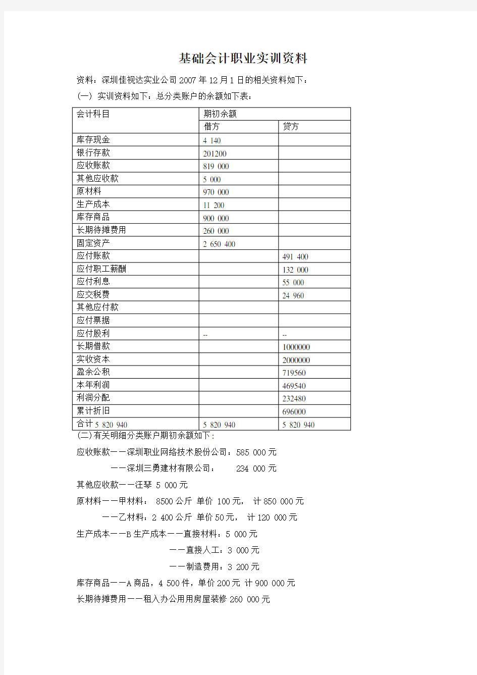 基础会计实训及答案