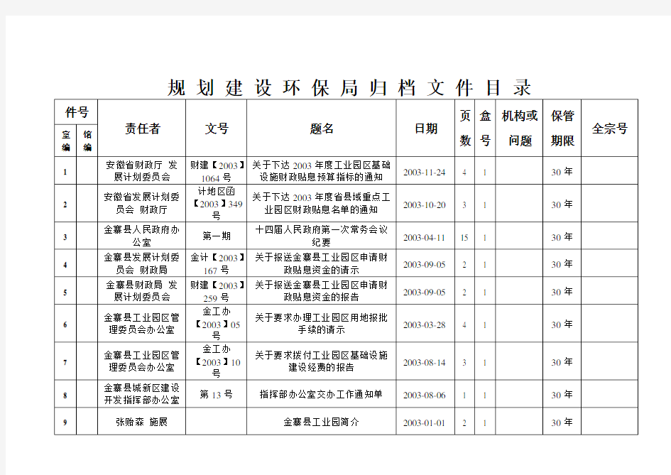 档案归档文件目录模板