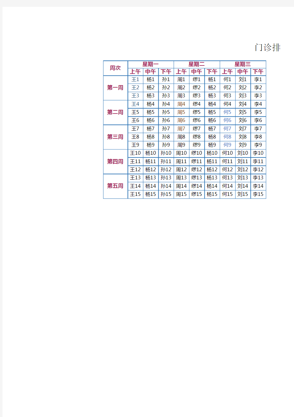 医院门诊排班表EXCEL模板(完整版)