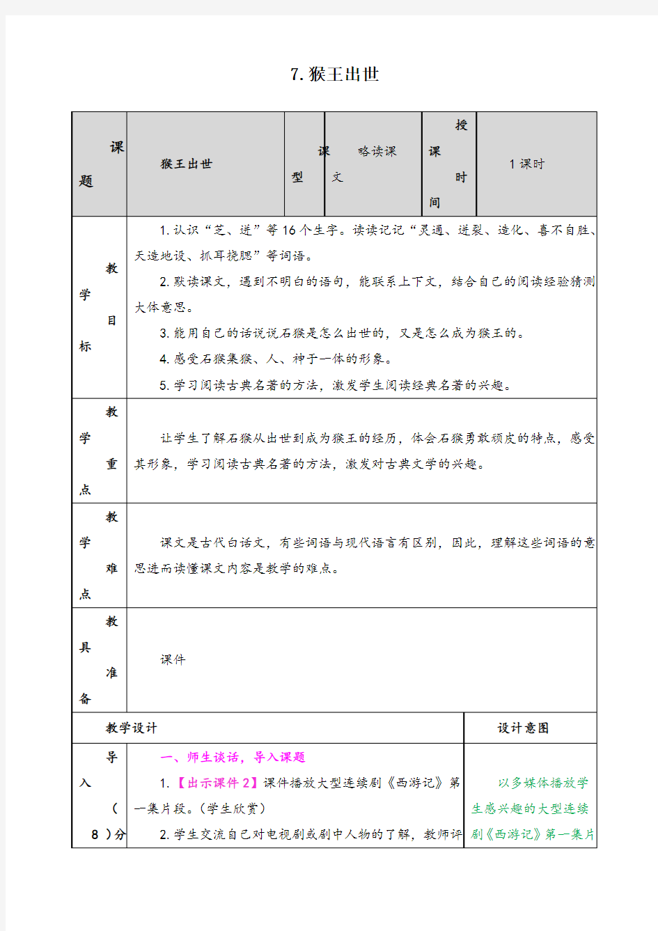 部编版统编五年级语文下册《猴王出世》精品教学设计