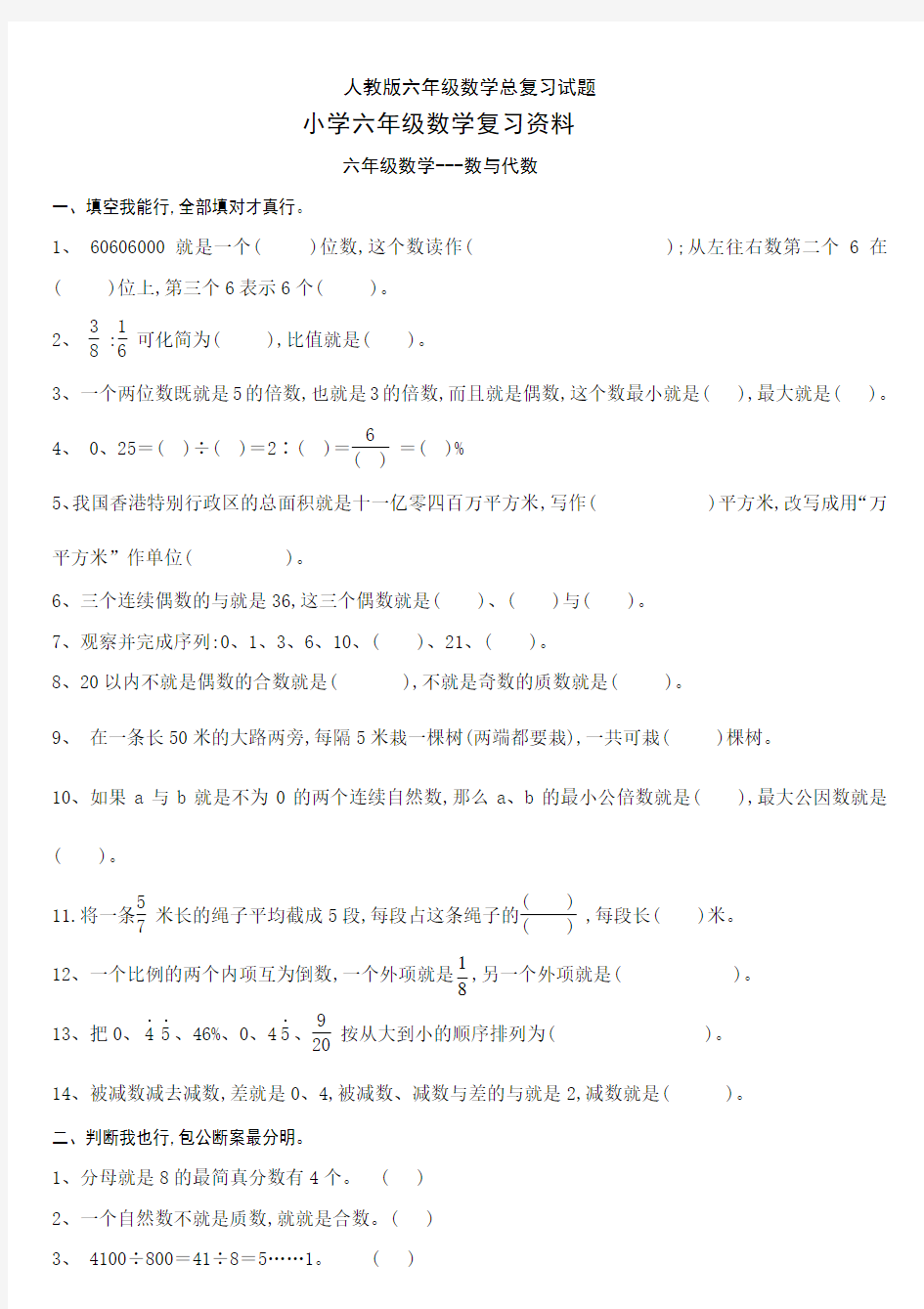 人教版六年级数学总复习试题