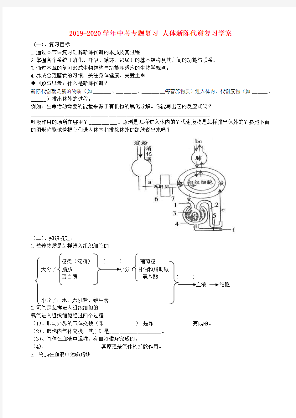 2019-2020学年中考专题复习 人体新陈代谢复习学案.doc