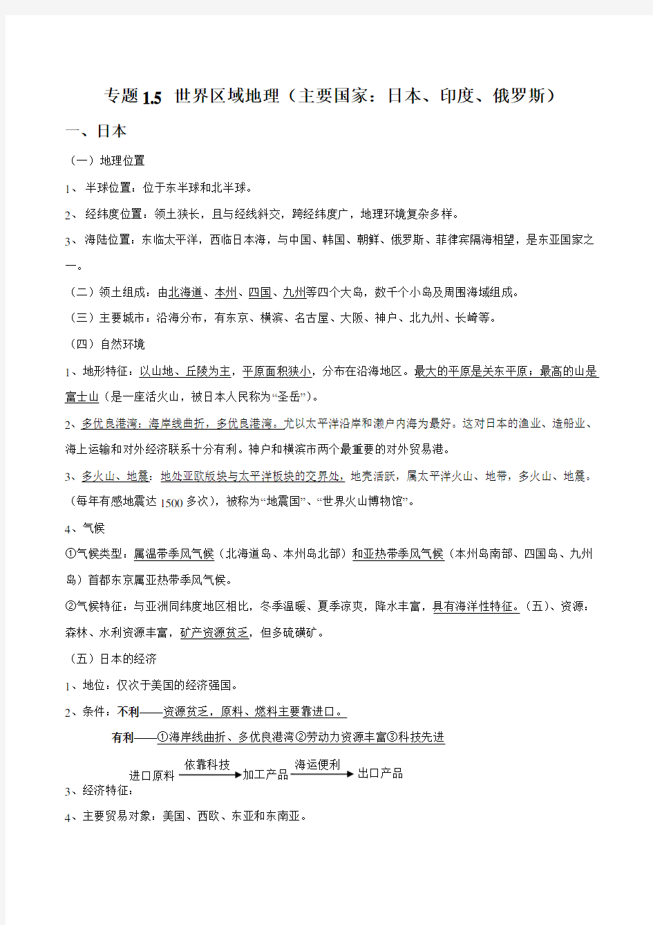 2020届中考地理必背知识点 世界区域地理(主要国家：日本、印度、俄罗斯) 