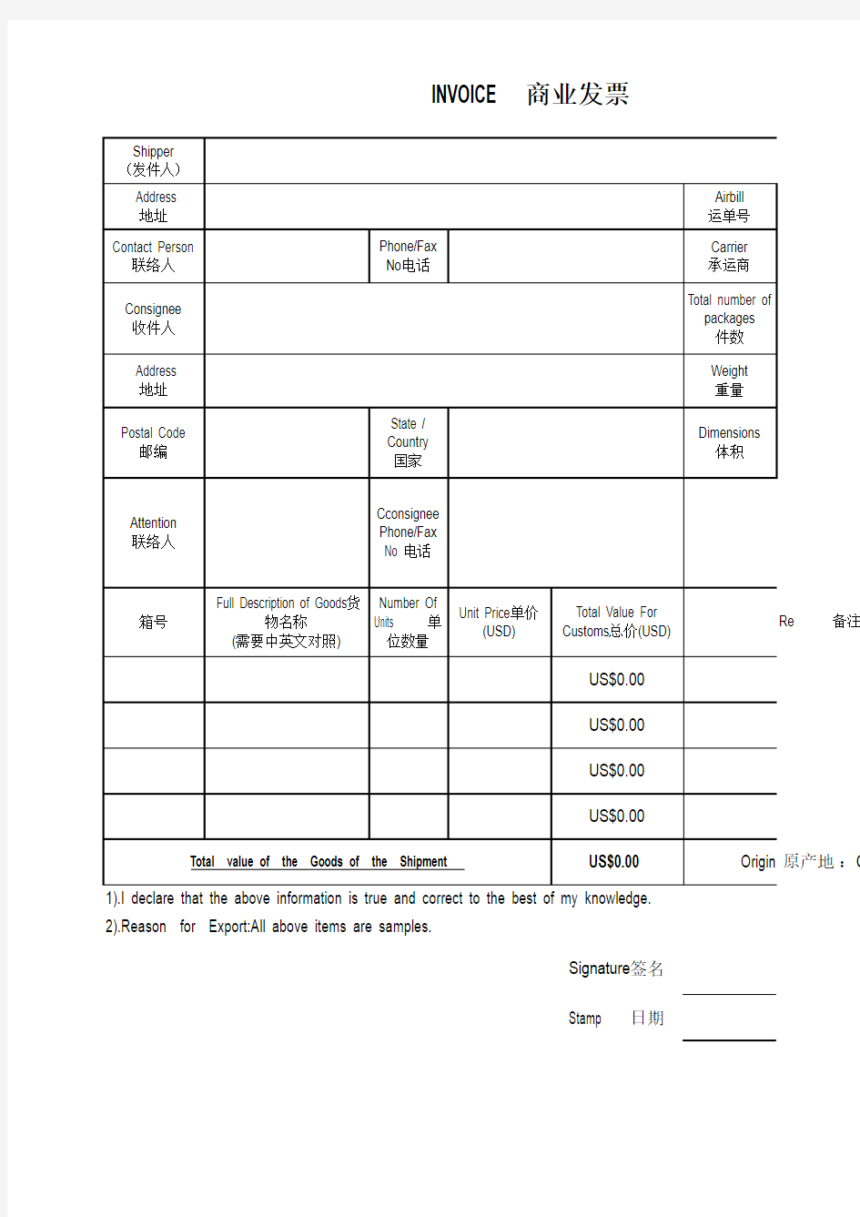 国际快递常用形式发票