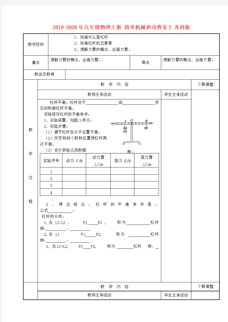 2019-2020年九年级物理上册 简单机械和功教案2 苏科版