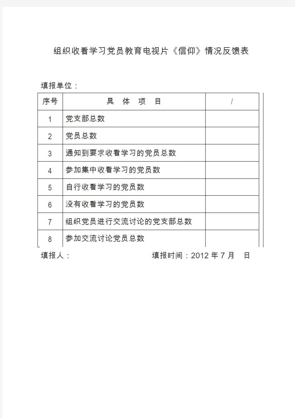 组织收看学习党员教育电视片信仰情况反馈表