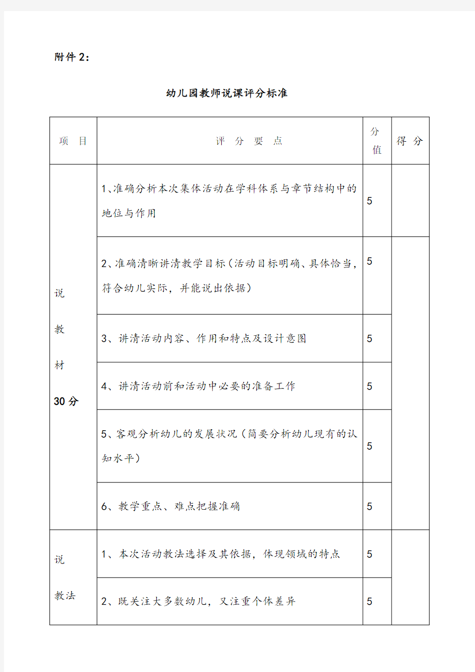 幼儿园说课评分标准