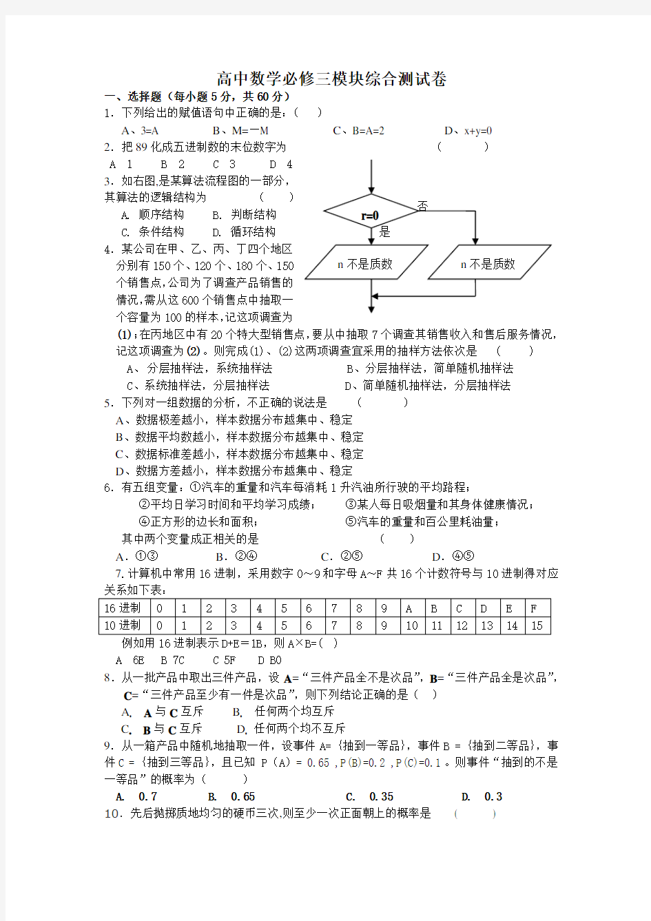 高中数学必修三模块综合测试卷