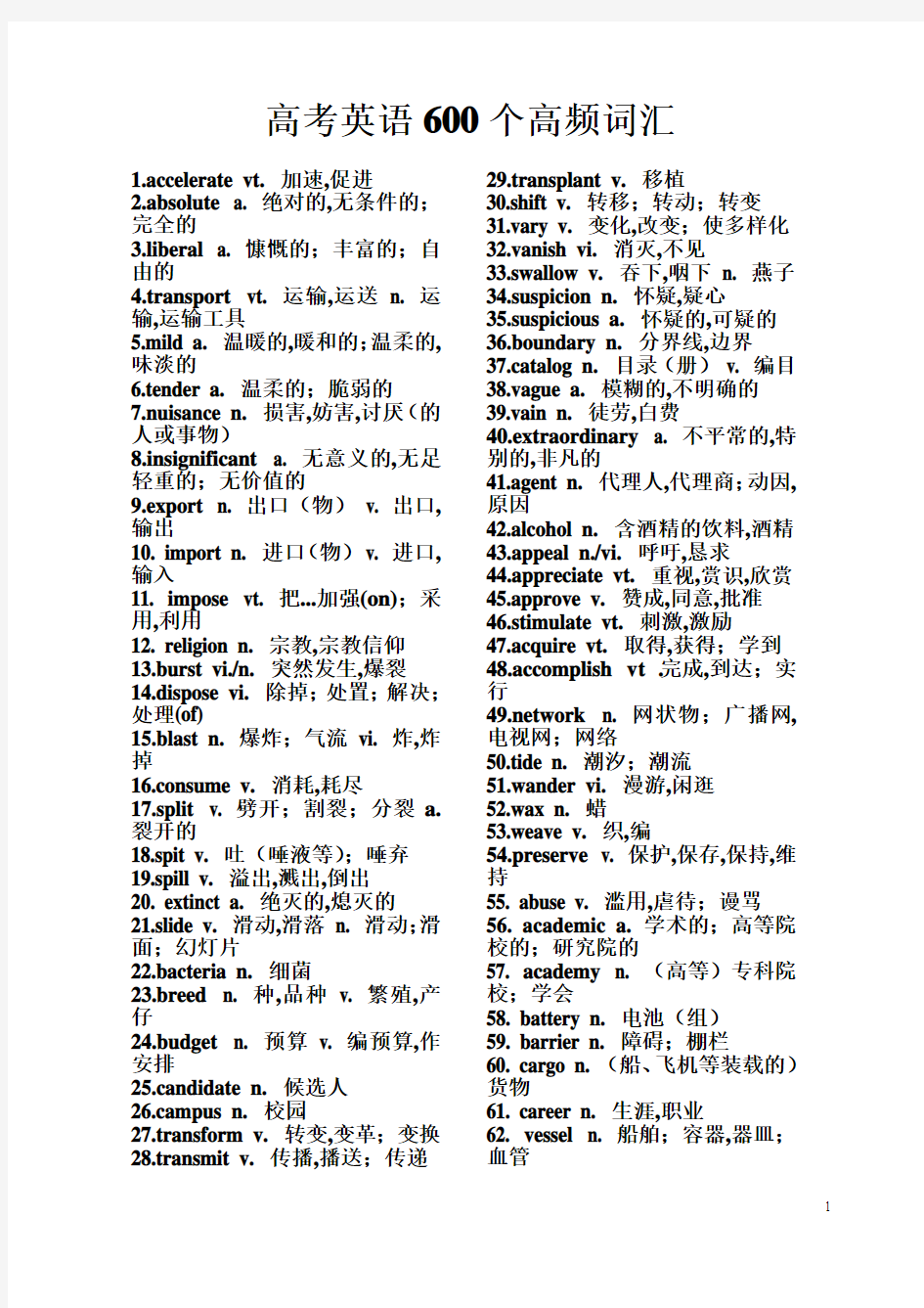 2019年高考英语常见600个高频词汇复习清单