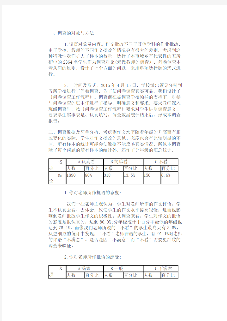 关于初中语文作文批改情况的调查