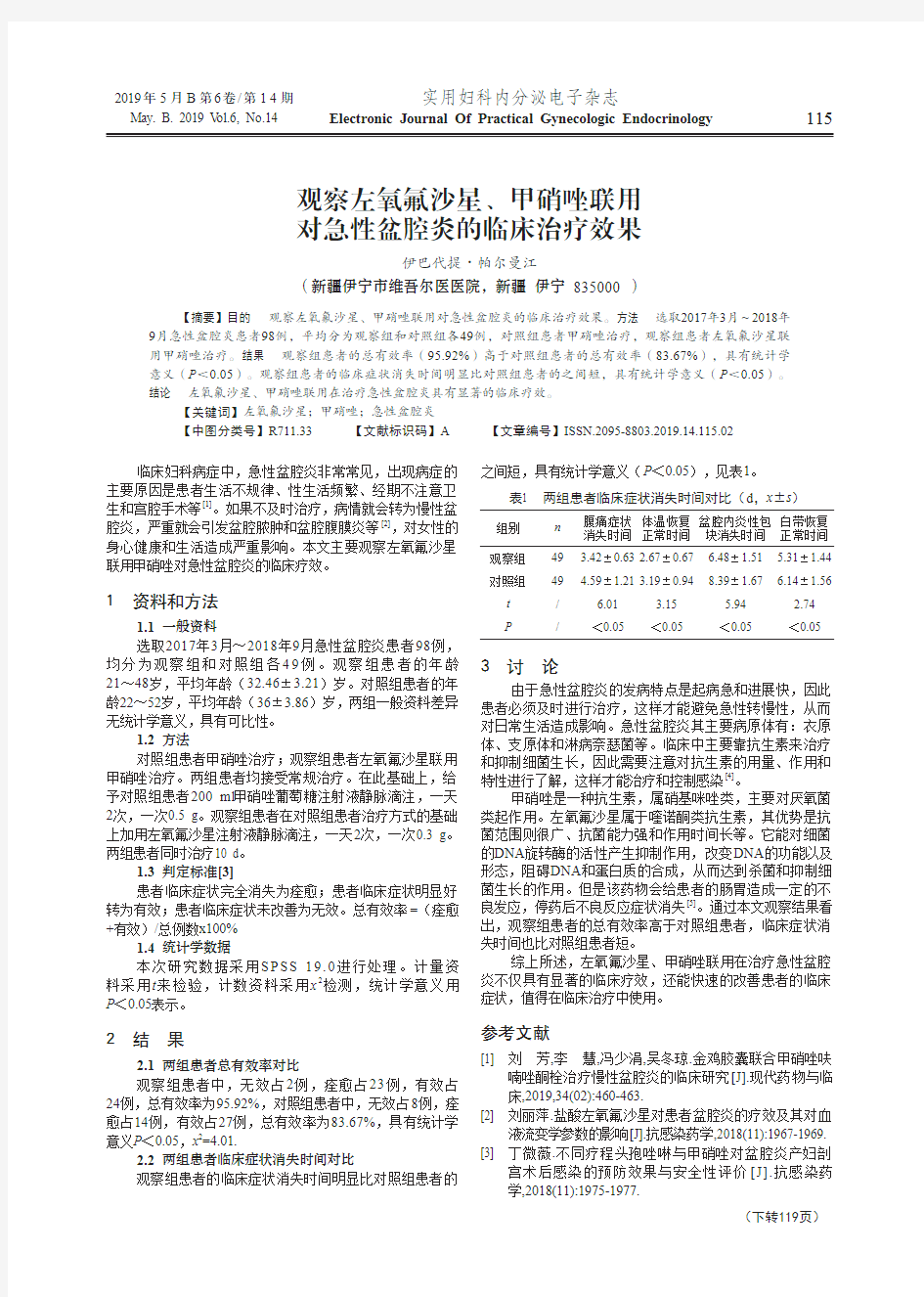 观察左氧氟沙星、甲硝唑联用对急性盆腔炎的临床治疗效果