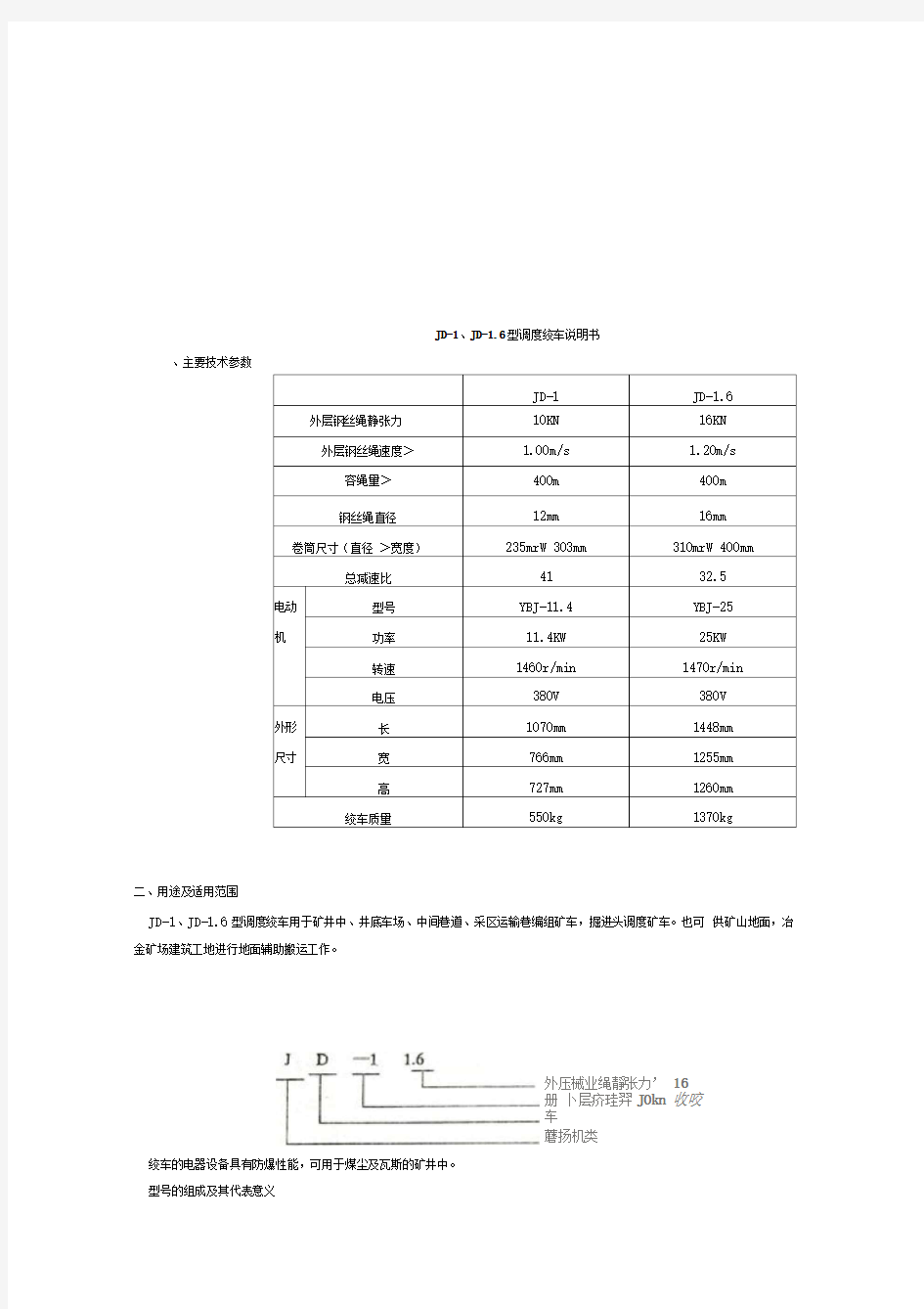 调度绞车技术参数