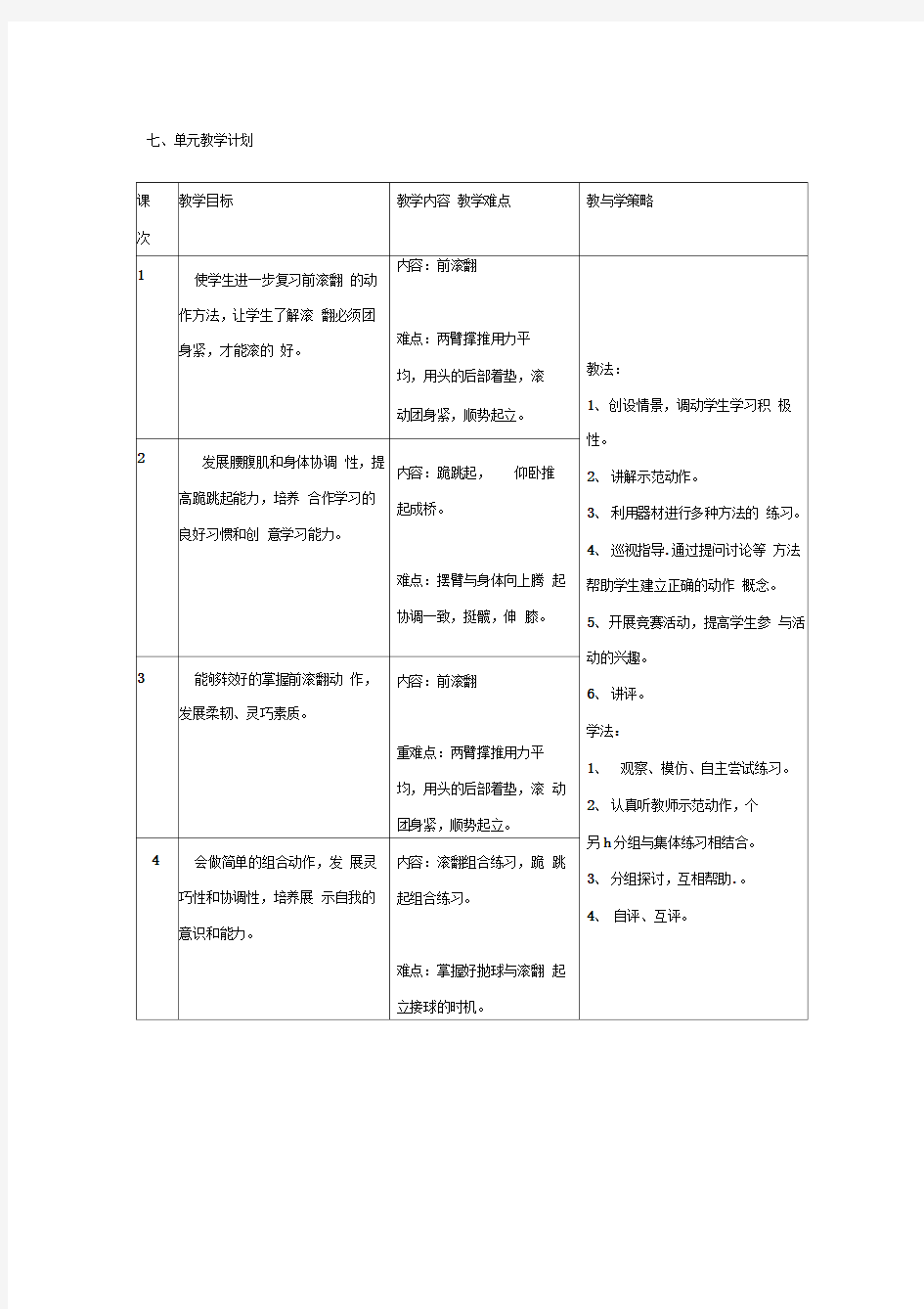 水平二《前滚翻》单元教学计划