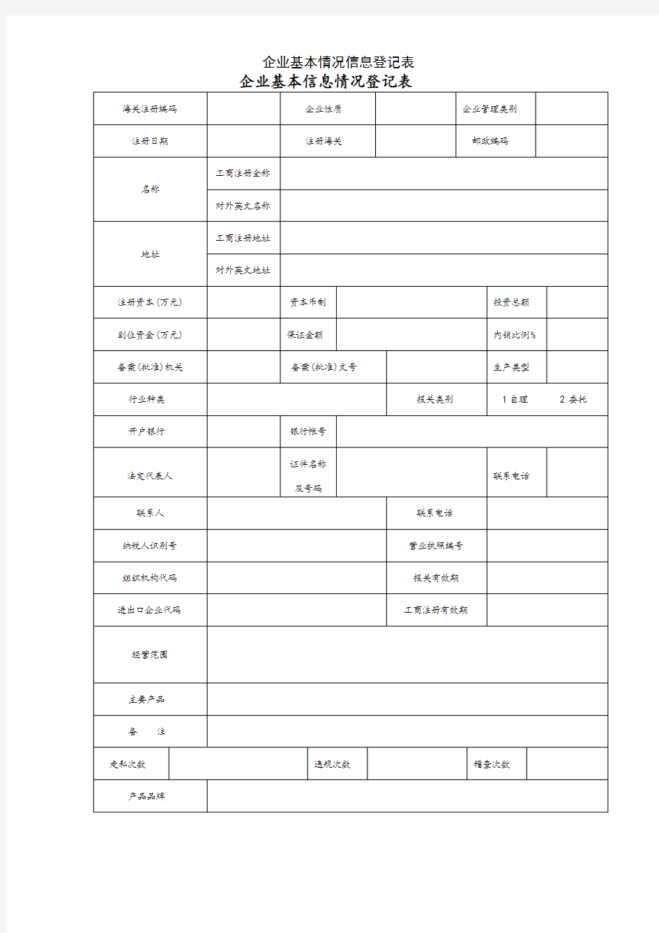 企业基本情况信息登记表