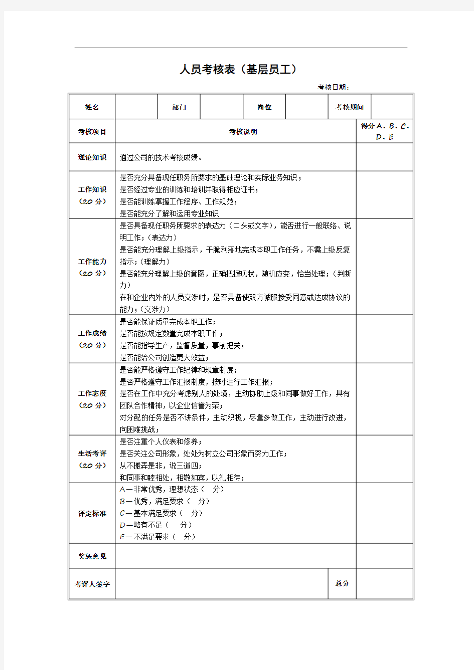 公司员工年终考核表