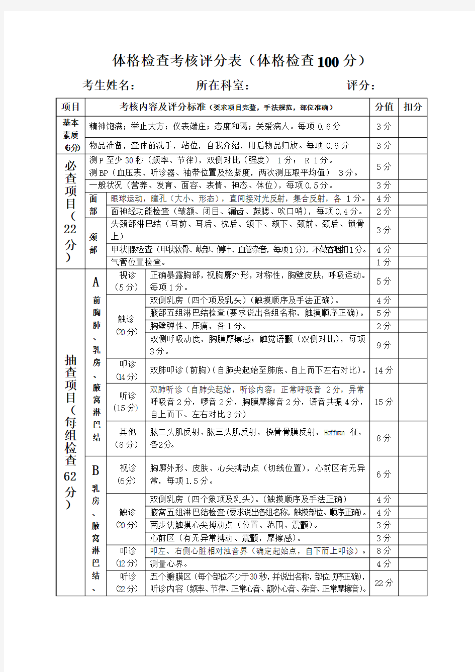 体格检查评分表