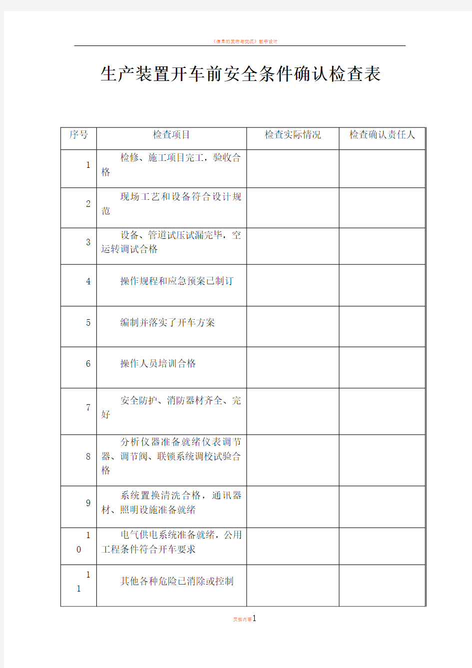 6.4.7生产装置开车前安全条件确认检查表