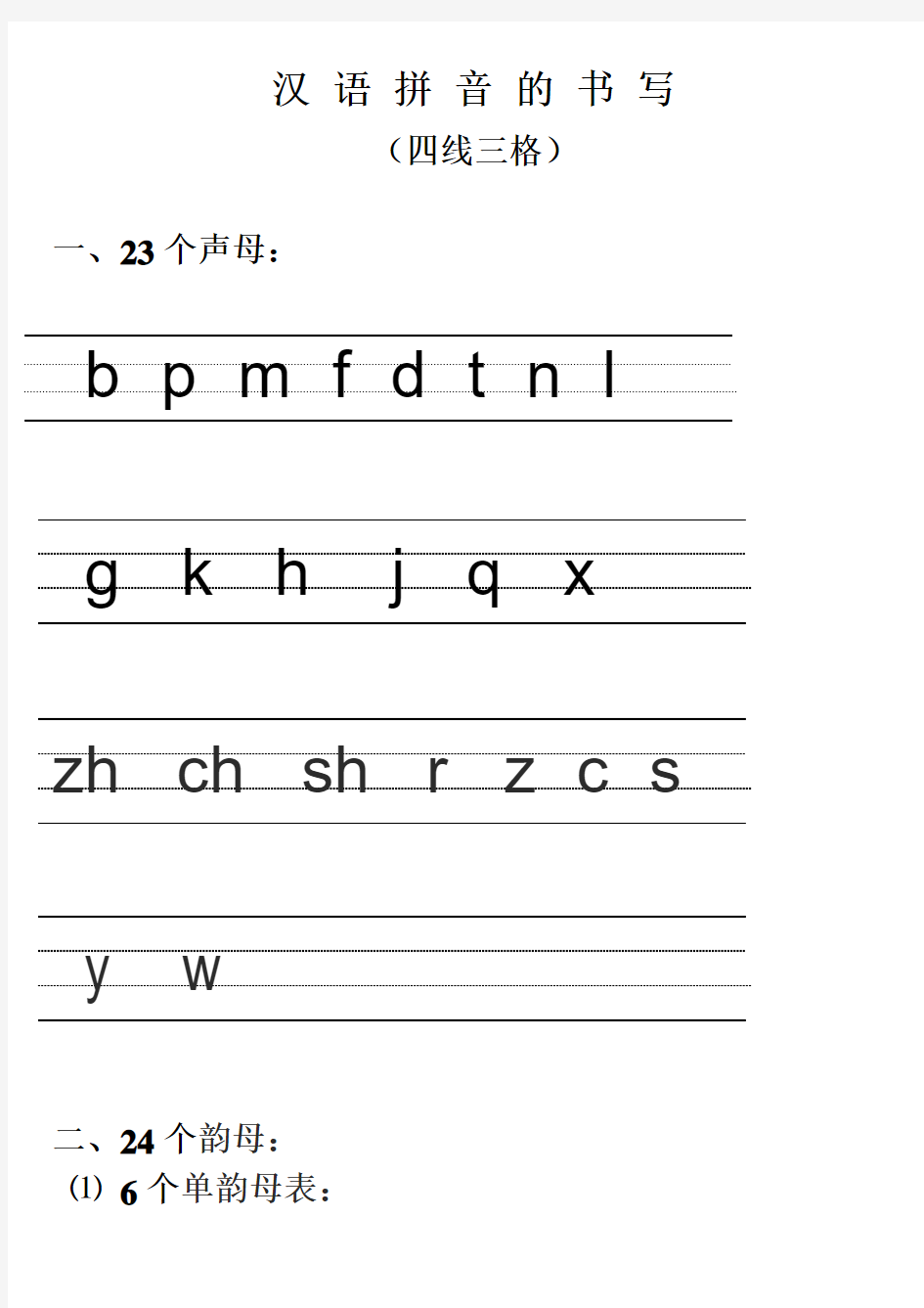 最新四线三格汉语拼音的书写格式