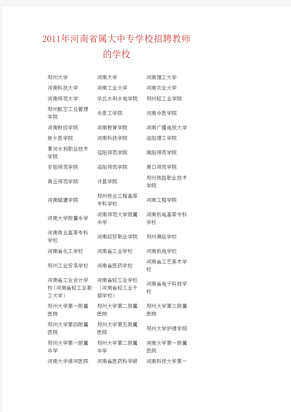 2011年河南省属大中专学校招聘教师的学校