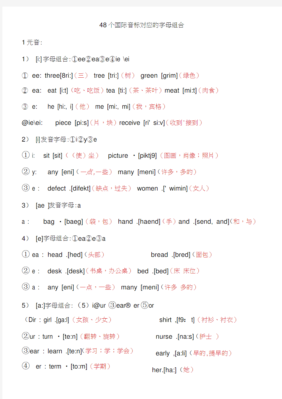 48个国际音标对应的字母组合及例词