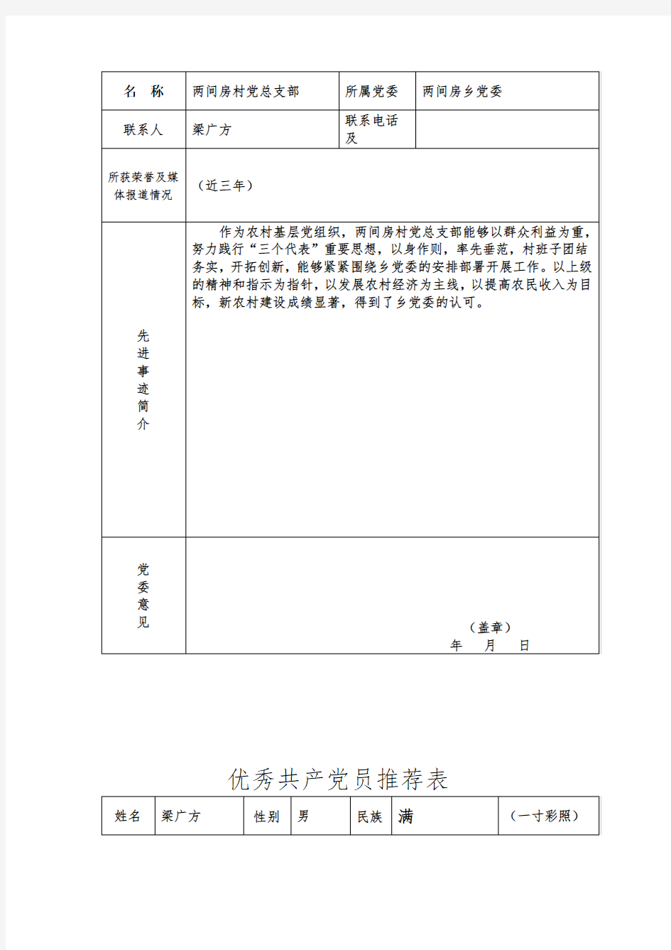 先进基层党组织推荐表