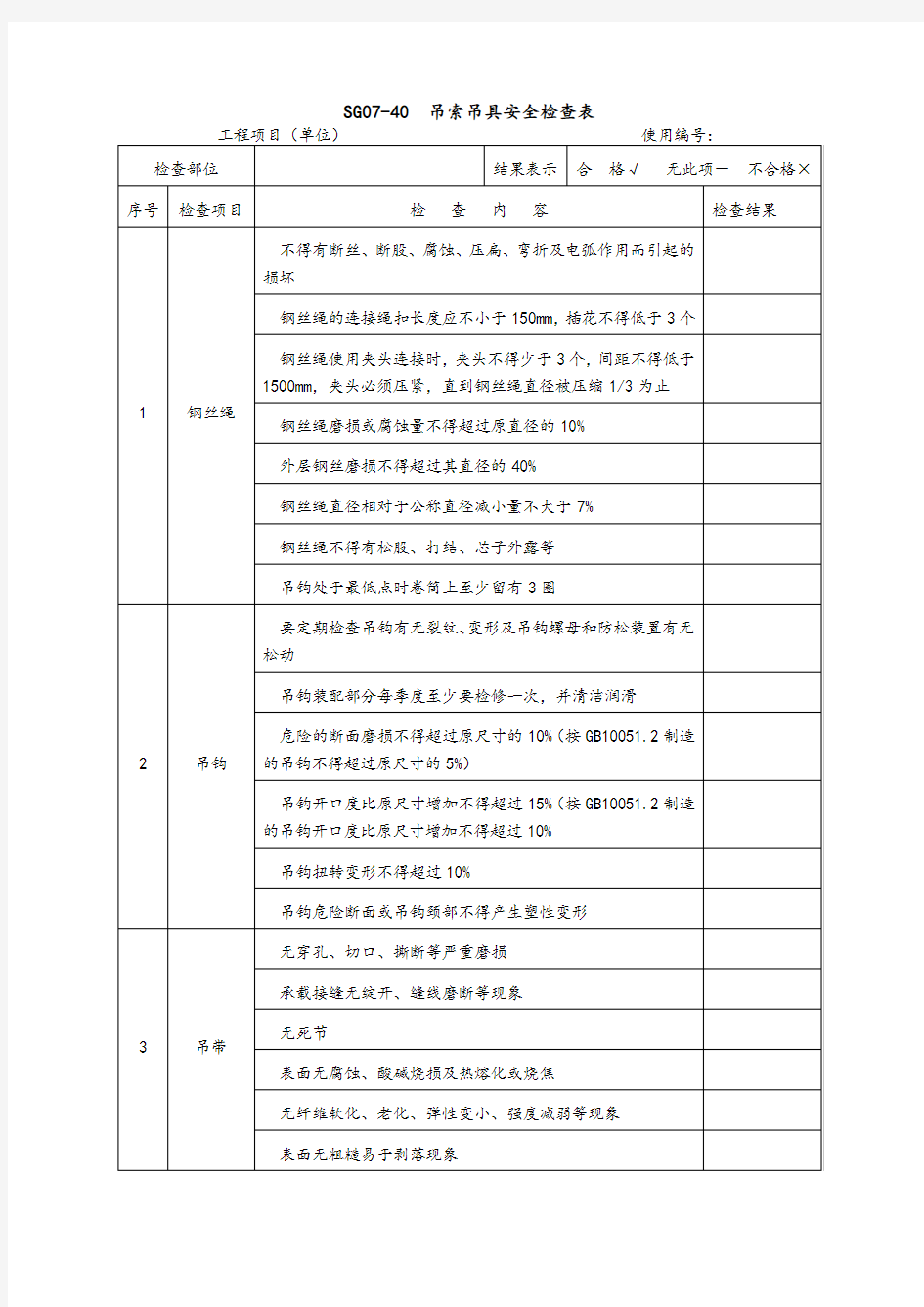 吊索吊具安全检查表