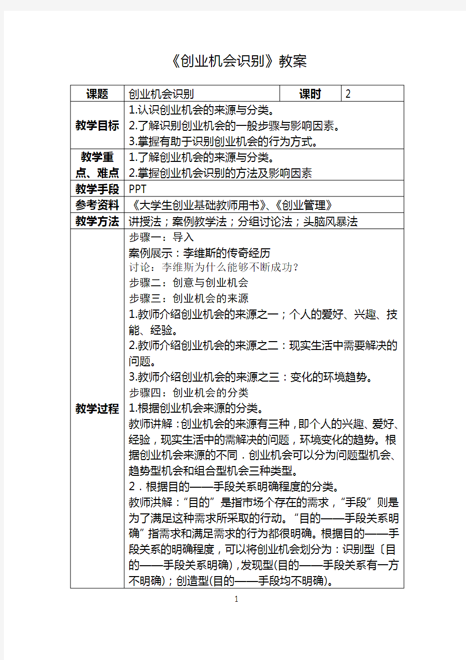 《创业机会识别》教案